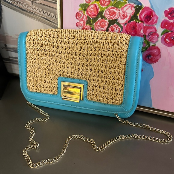 Talbots Handbags - Talbots Aqua Leather and Straw Clutch Crossbody Bag Gold Chain